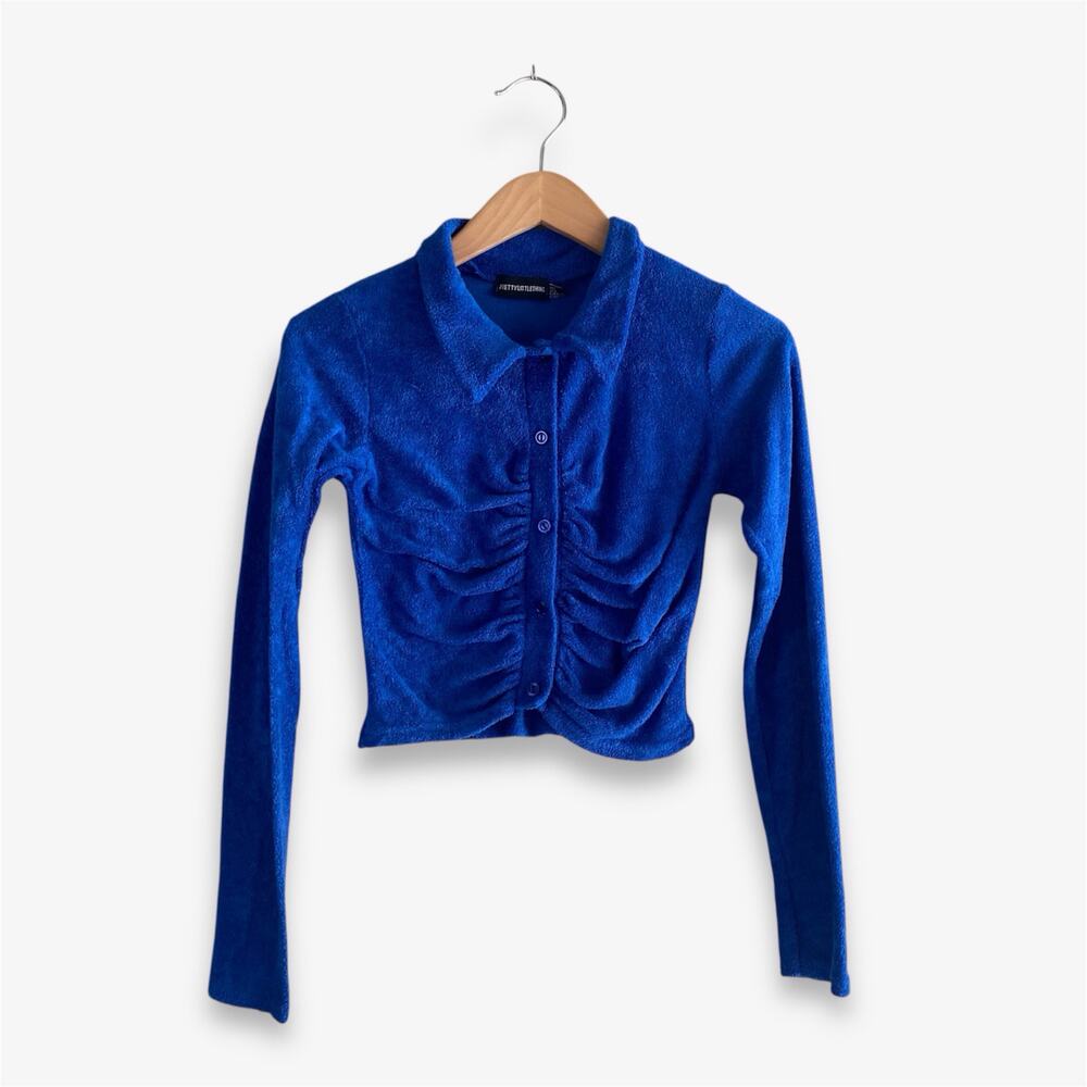 PrettyLittleThing Blue Chenille Cardigan Crop Button Up Women’s 4